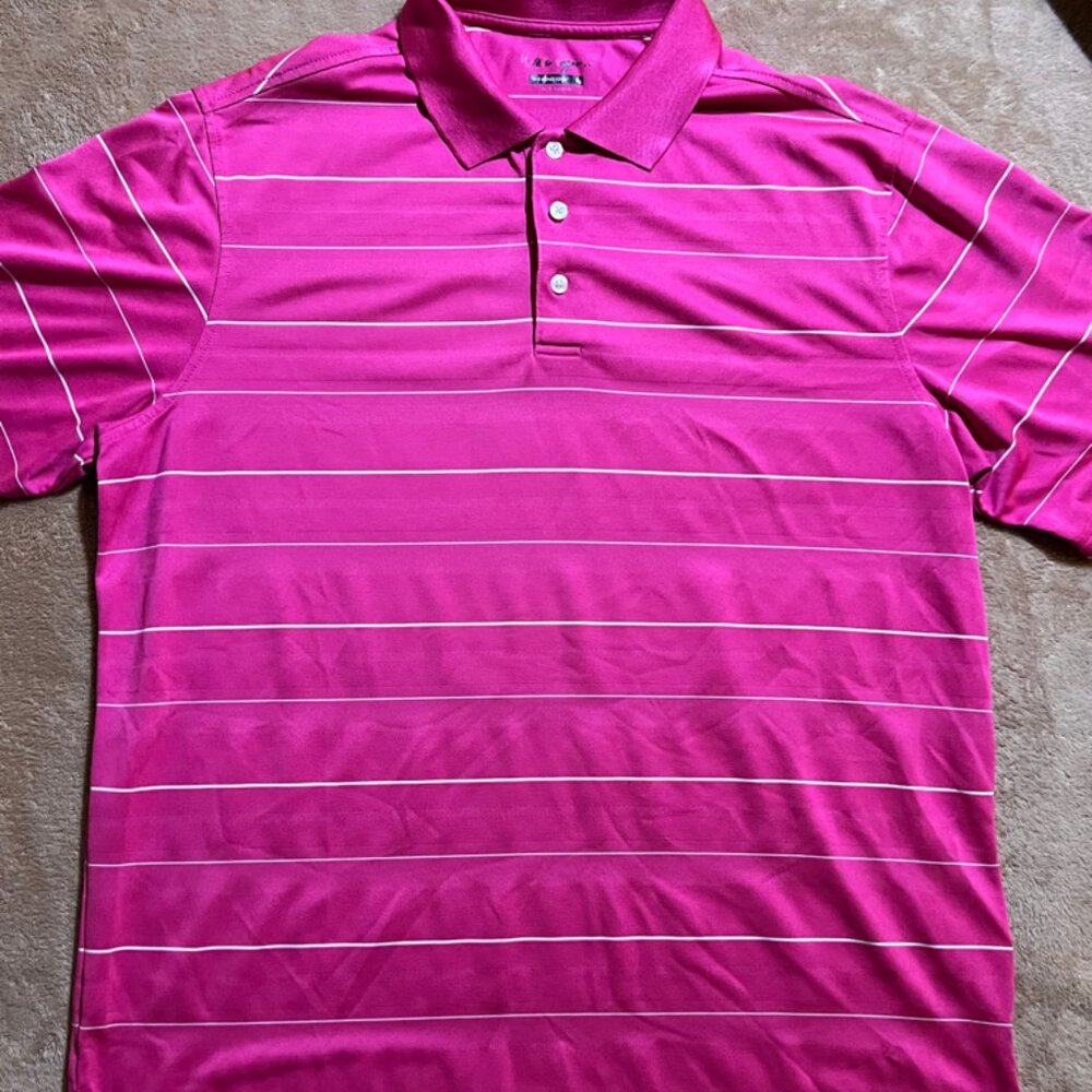 Walter Hagen Men LG Pink Stripe Hydro-Dri Golf Performance Short Sleeve Polo (W)